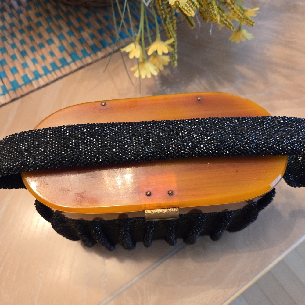 Rare Find Vintage Black Heavily Beaded & Pleated Box Purse 1940s - Picture 6 of 17